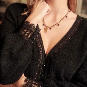 Sezane Clara Black Lace-Trimmed Cardigan Sweater